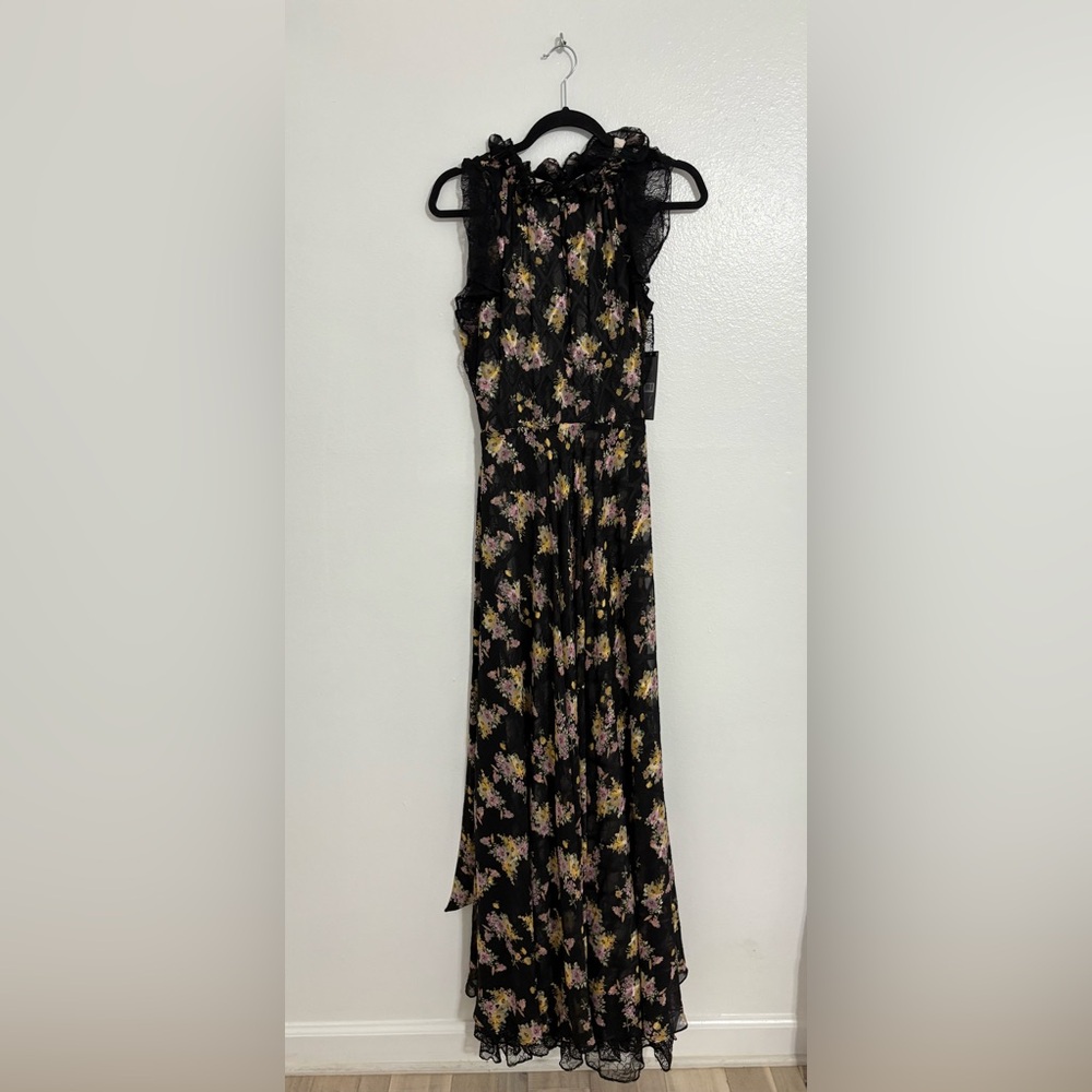 Tahari ASL Black Maxi Dress with Pink and Yellow Floral Design with Tie Waist